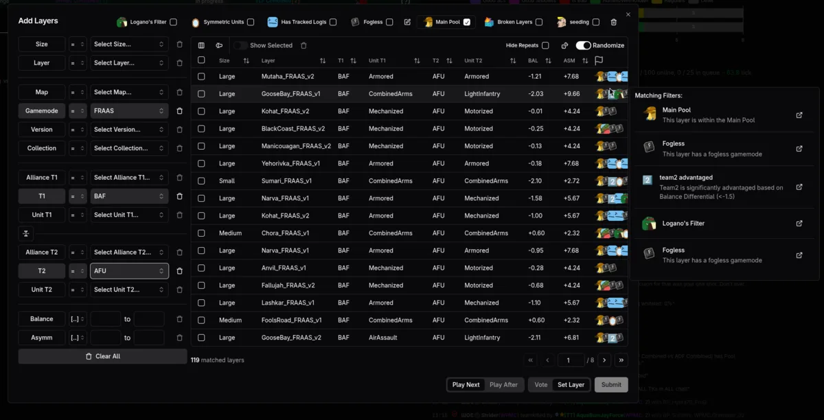 SLM layer picker showing per-layer balance and asymmetry