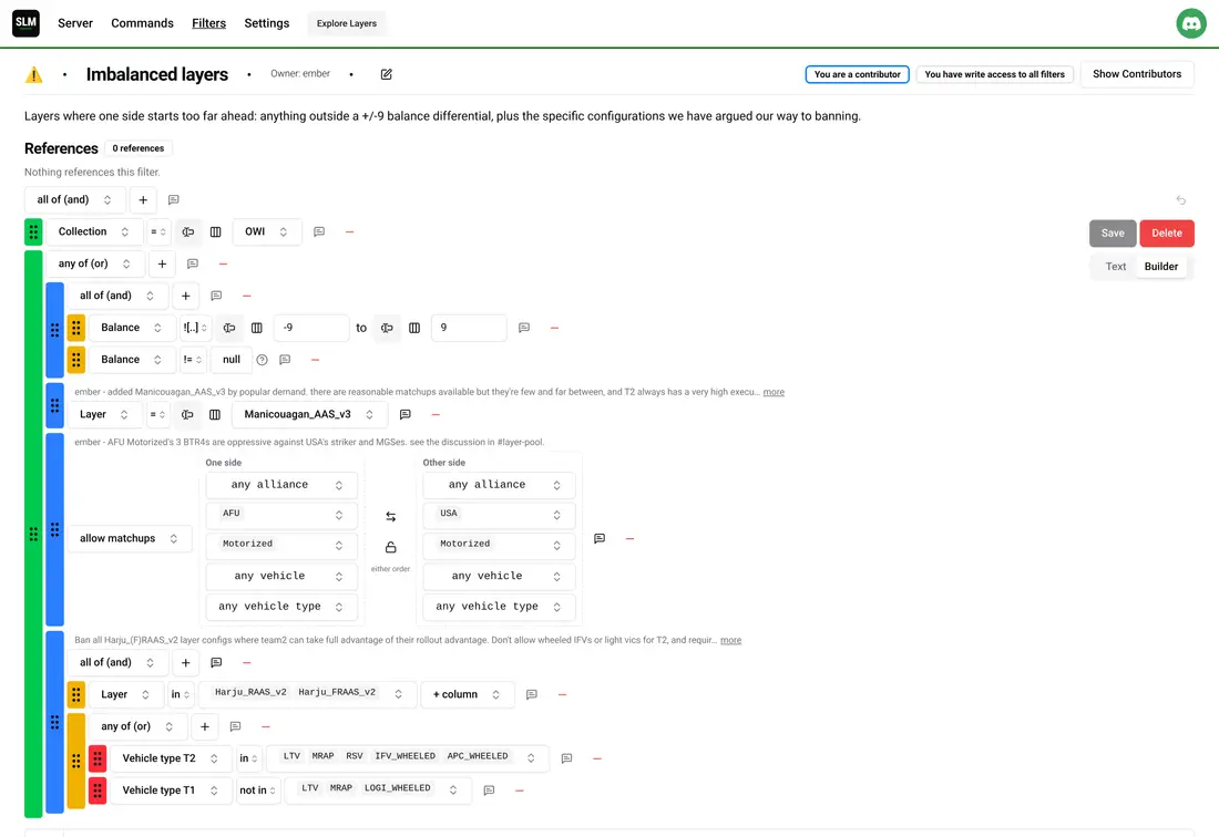 SLM layer filter builder showing a nested layer rule with more advanced conditionals and inline comments