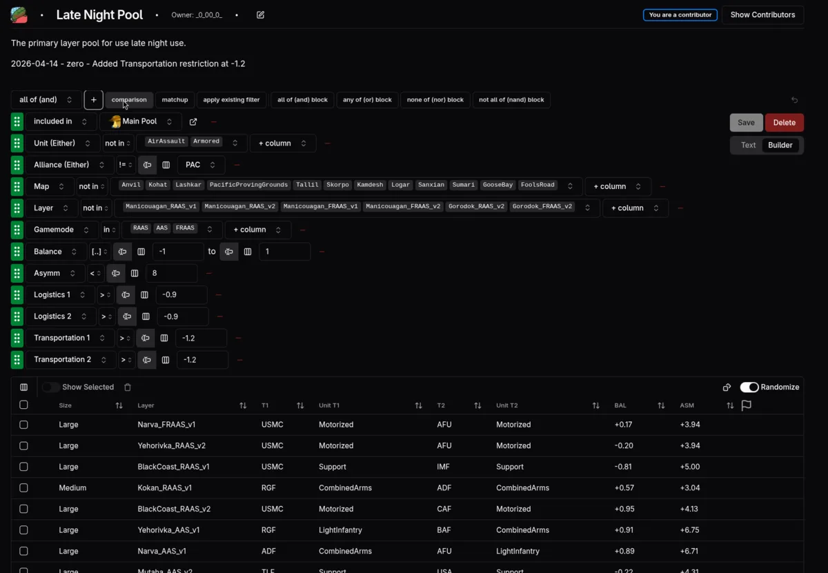 SLM drag-and-drop filter builder with a live results table