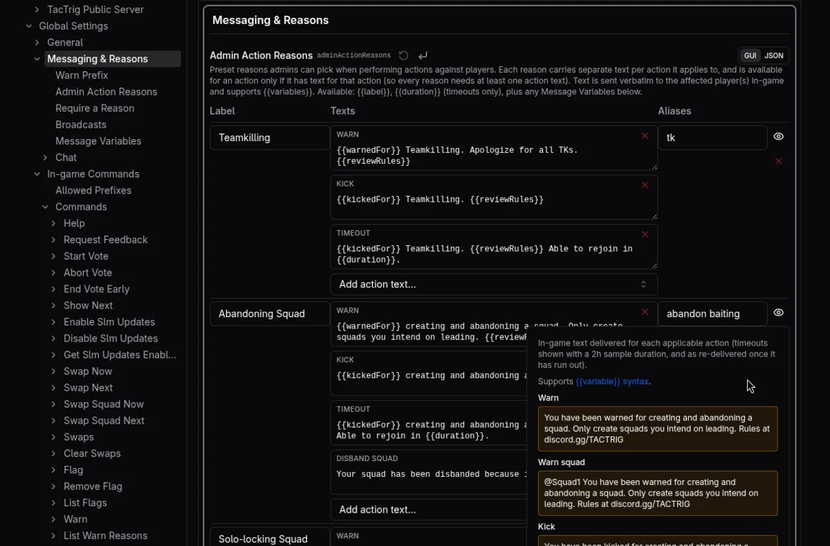 SLM configurable preset admin-action reasons