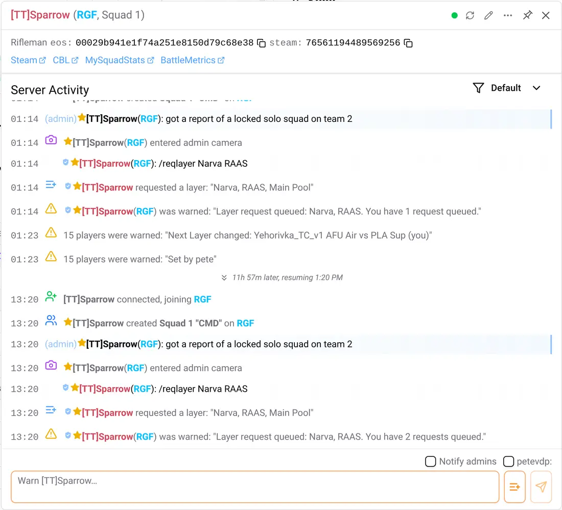 SLM player details with their server activity and moderation actions