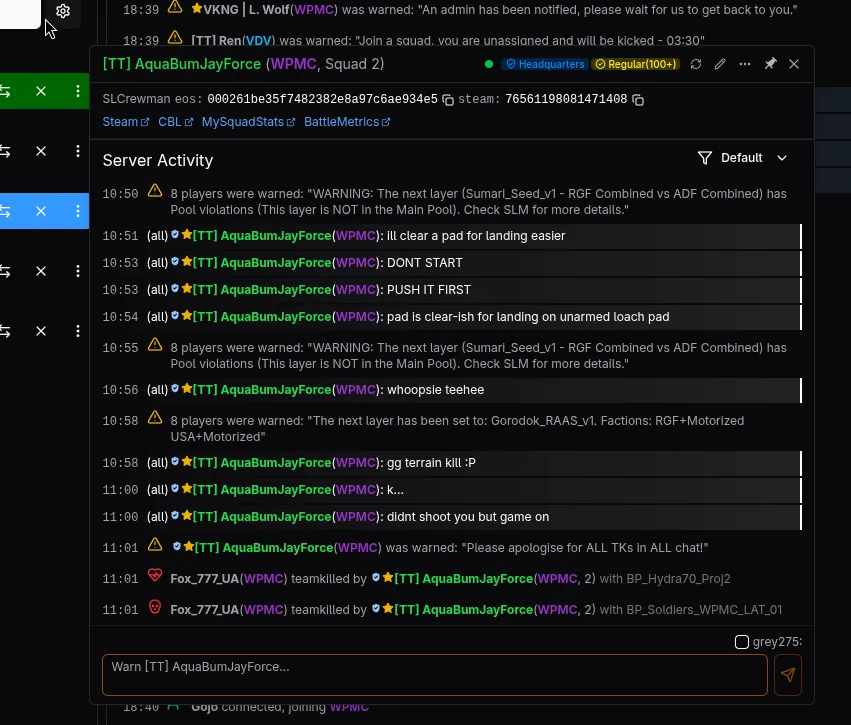 SLM player details with server chat and moderation actions