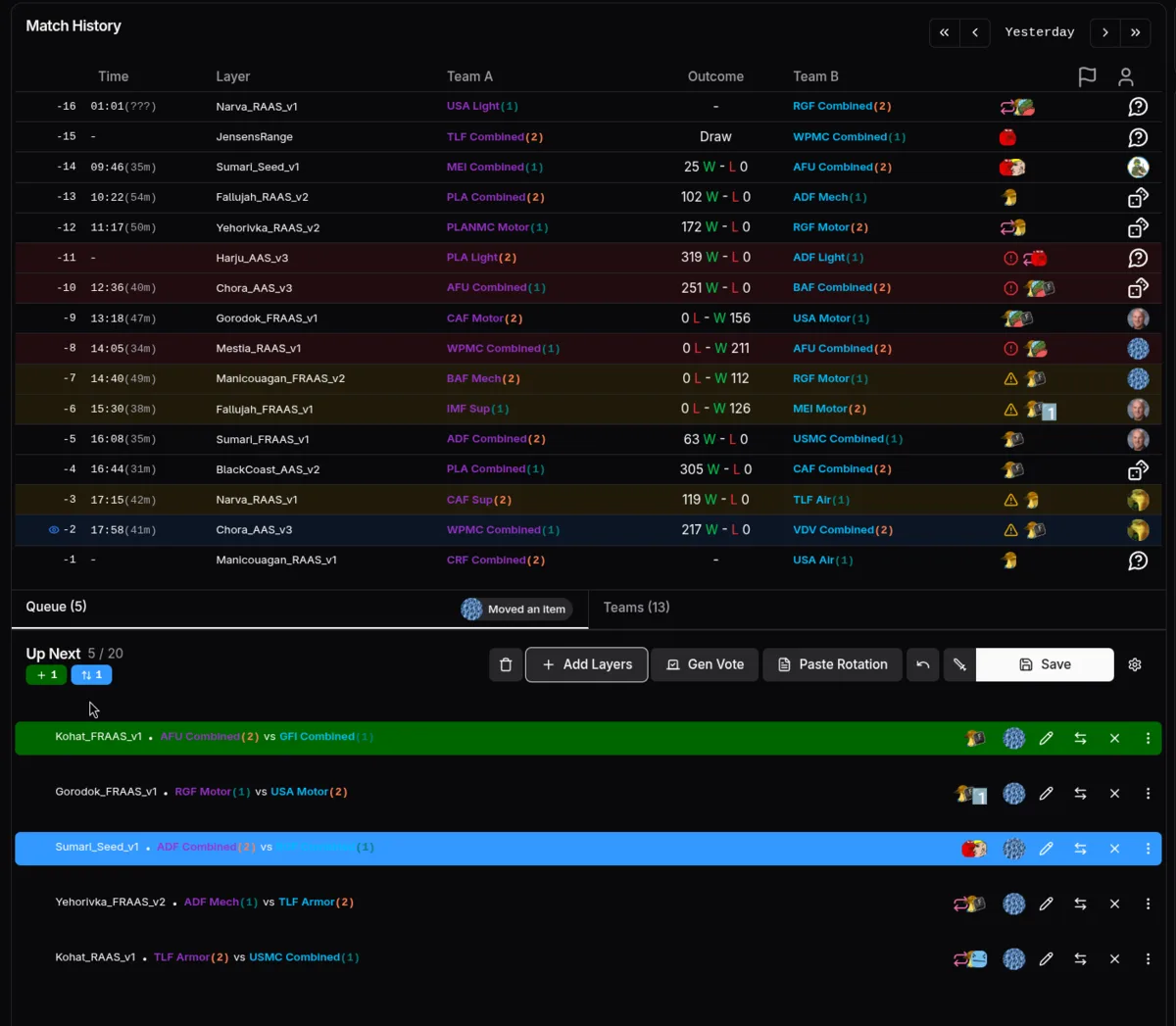 Squad Layer Manager match history above the live layer queue