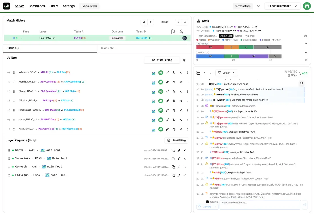 Squad Layer Manager match history above the layer queue