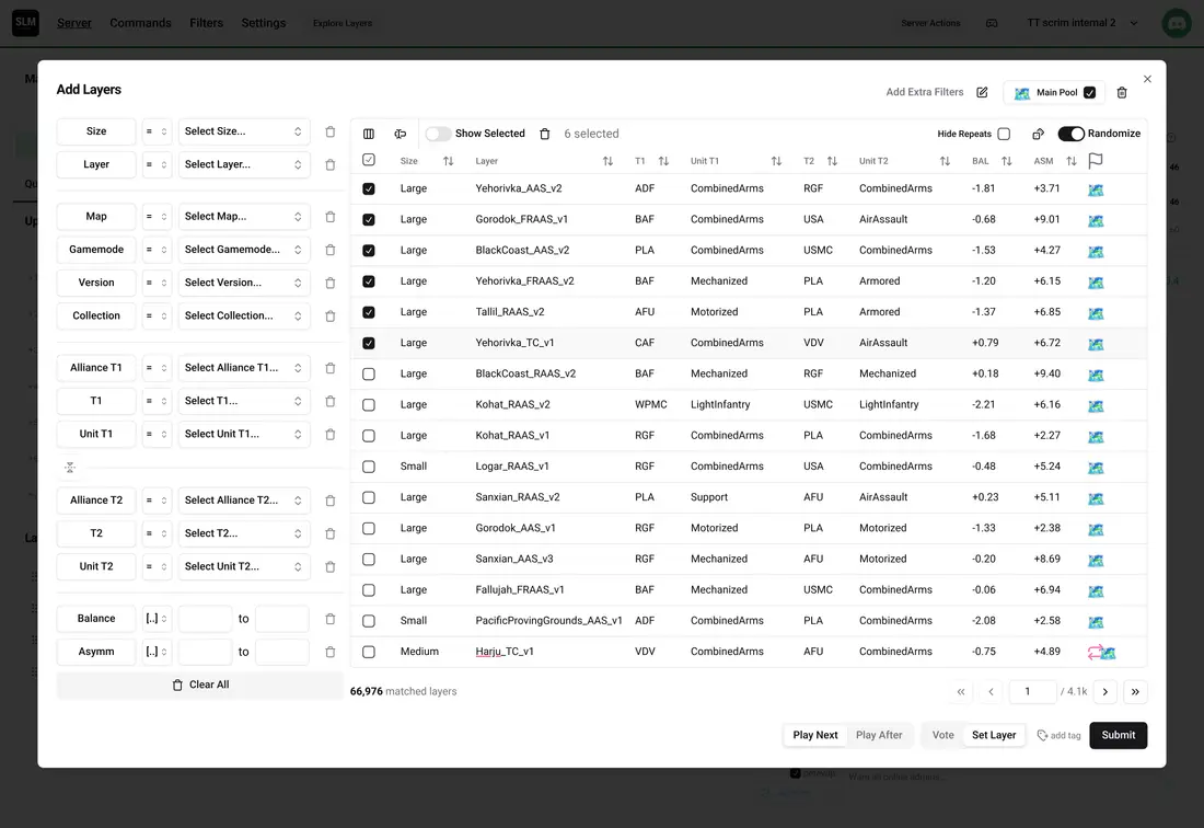 Squad Layer Manager layer picker with per-layer balance data