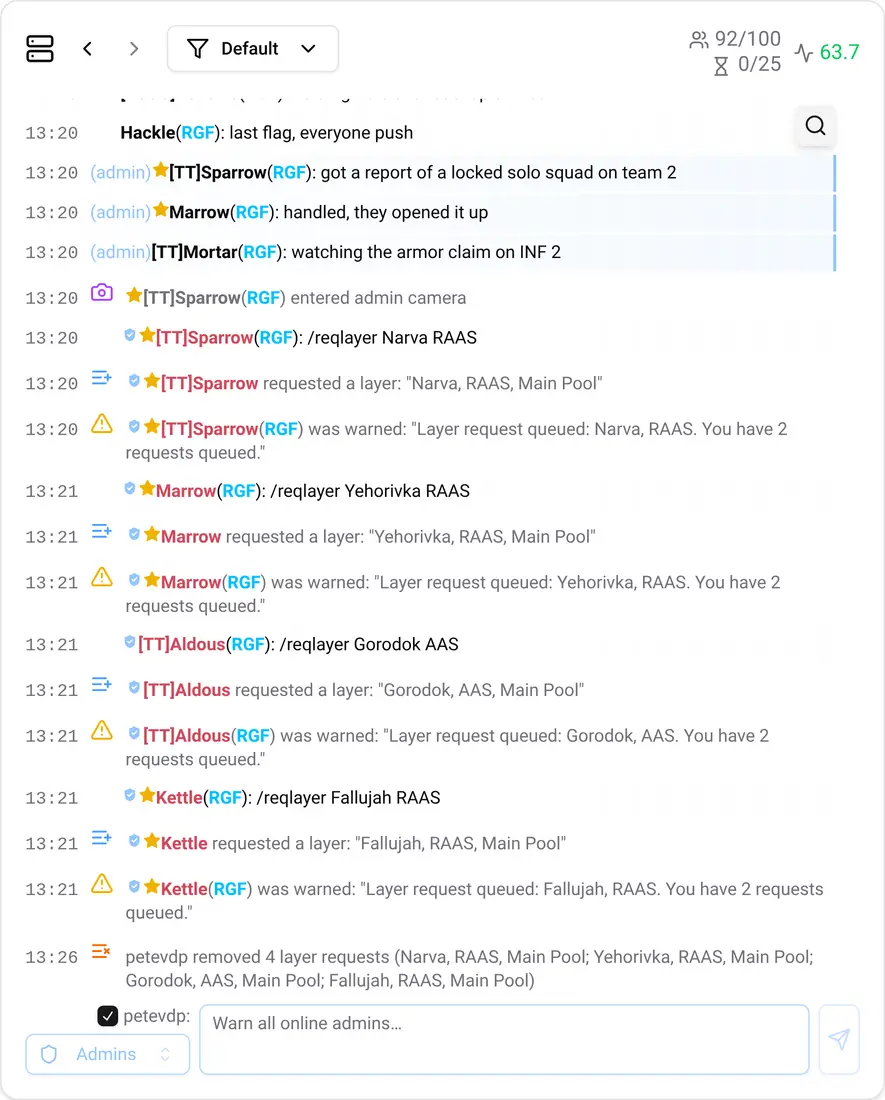 SLM live server activity feed with in-game and admin chat