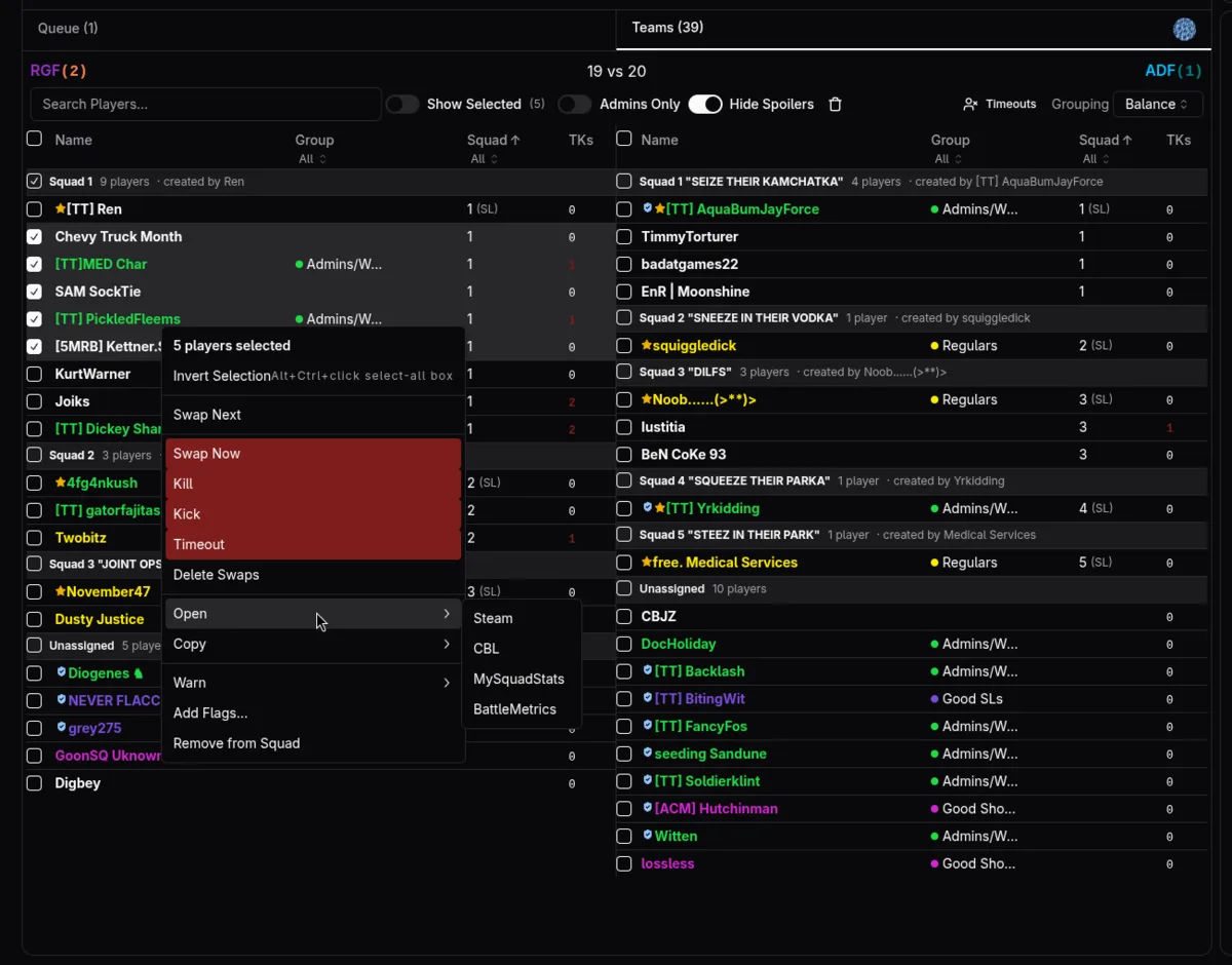Squad Layer Manager team rosters with bulk player actions
